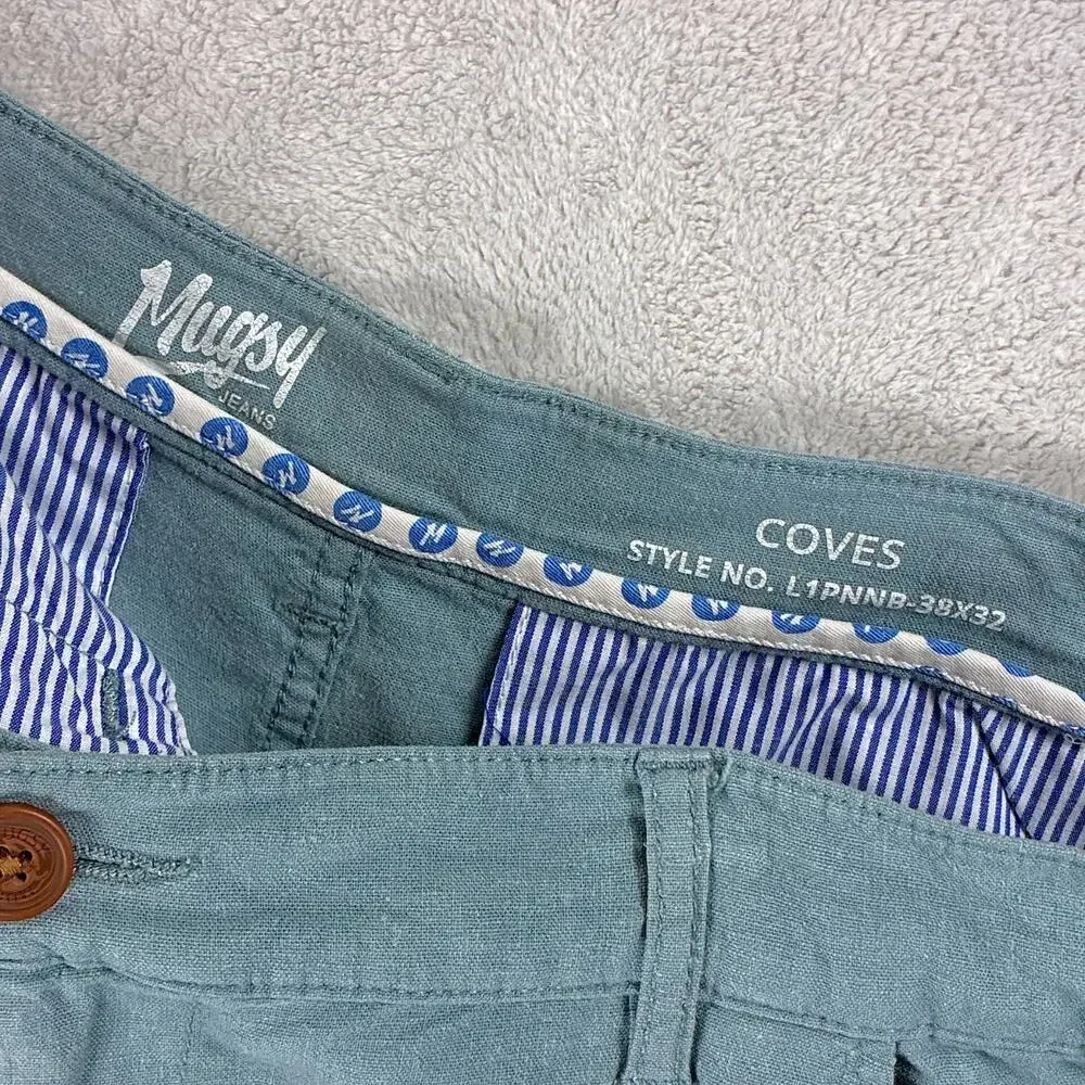 Mugsy Pants Mens 38x32 Blue Coves Linen Rayon Preppy Classic Luxury Beach Summer
